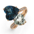 Anello in oro rosa con Topazio London (ct 6,58), prasiolite (ct 2,26) taglio cuore e diamanti taglio brillante (ct 0,17)